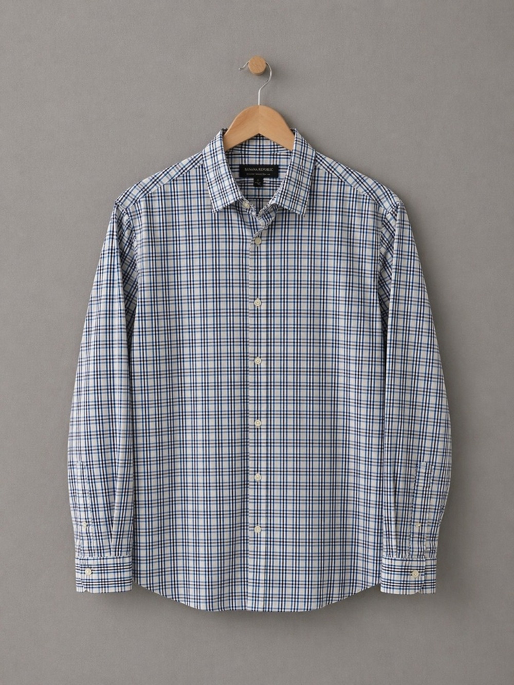 Banana Republic Slim Fit Non Iron Dress Shirt Mens L 16-16.5 Blue Plaid